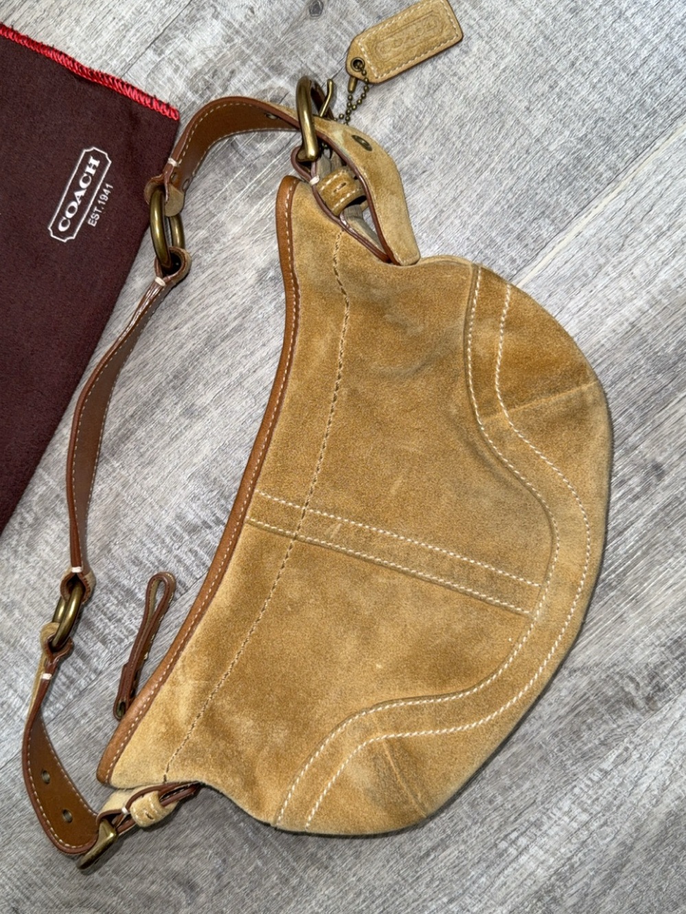 Coach Suede Shoulder Bag in Tan/Brown with Brass Hardware - Picture 2 of 6